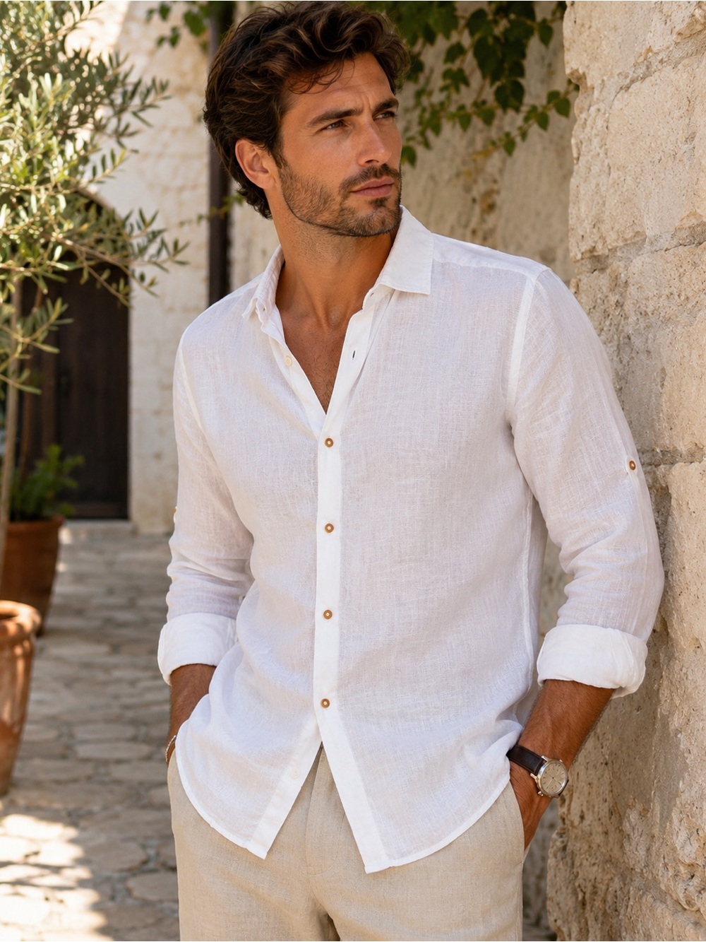 Camicissima 100% Linen White Button-Up Shirt Men’s L 43 Made in Italy